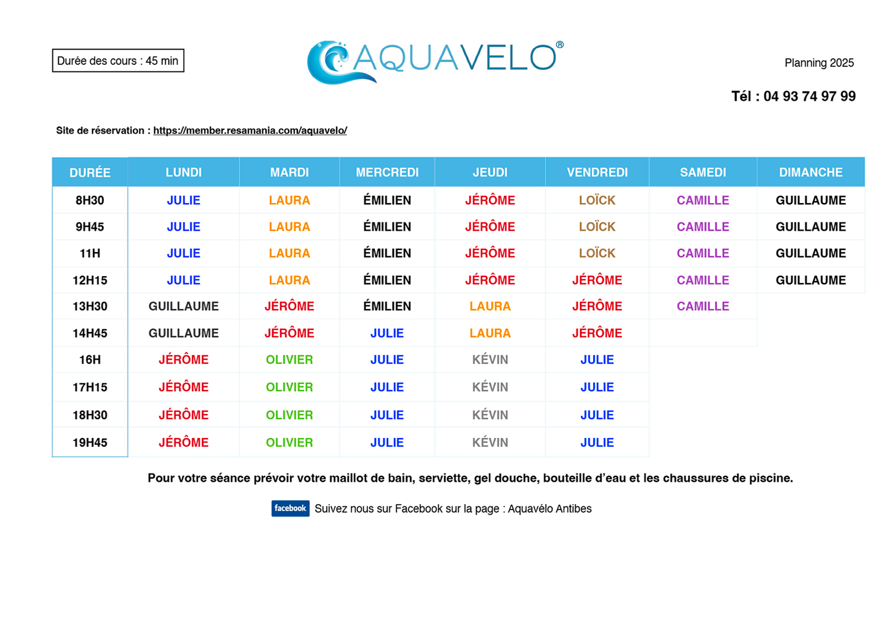 Planning hebdomadaire cours aquabiking aquagym Antibes