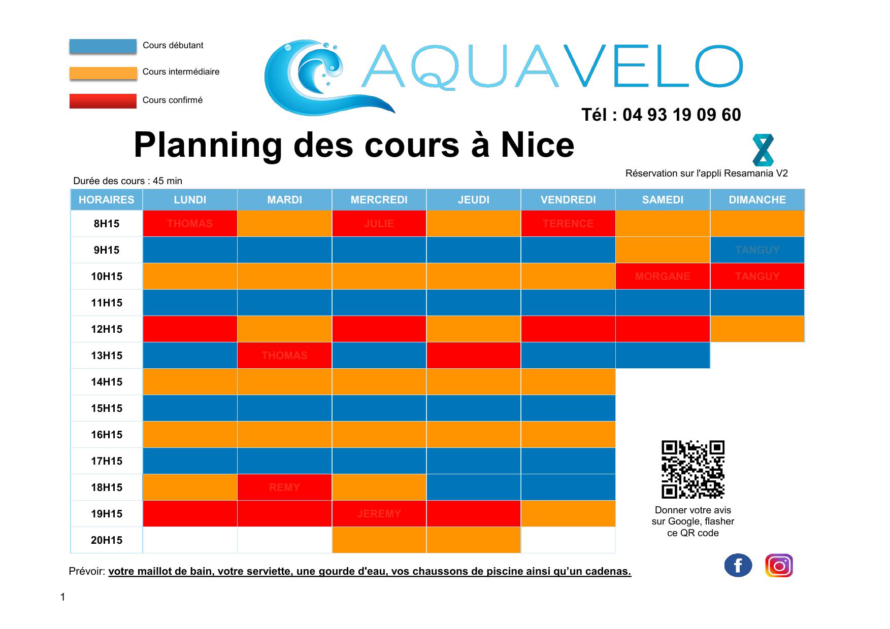 Planning hebdomadaire cours aquabiking aquagym Nice